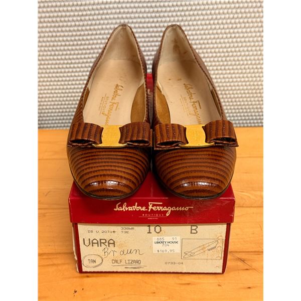 Used Ferragamo Tan Lizard-Embossed Vara Flats, Size 10B