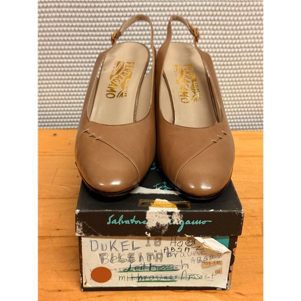 Used Ferragamo Beige Leather Slingback Shoes w/ Heels, Size 10B