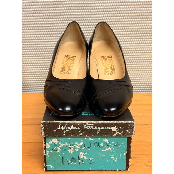 Used Ferragamo Black Leather Pumps, Size 10B