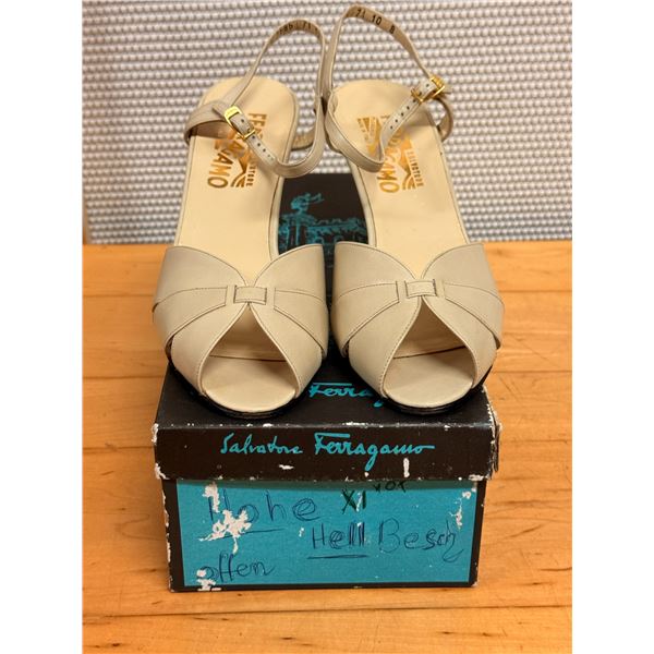 Used Ferragamo Cream Slingback Shoes w/ Heels, Size 10B