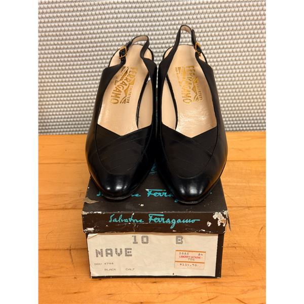 Used Ferragamo Black Leather Slingback Shoes w/ Heels, Size 10B