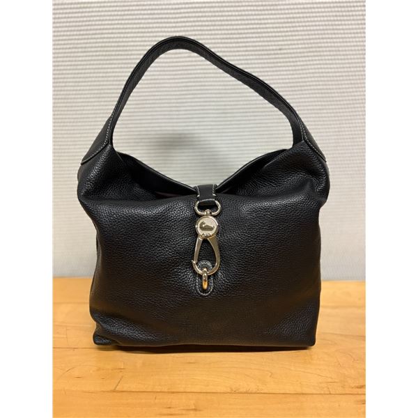 Dooney & Bourke Black Full-Grain Leather Bag w/ Large Brass Clip Closure Accent, New Condition