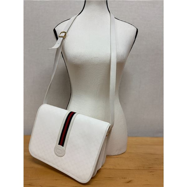 Gucci White Monogram Shoulder Bag w/ Stripe Detail & Magnetic Closure