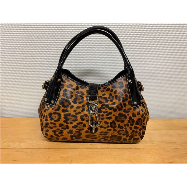 Dooney & Bourke Leopard Print Bag w/ Glossy Black Handles, Brass Clip Closure Accent
