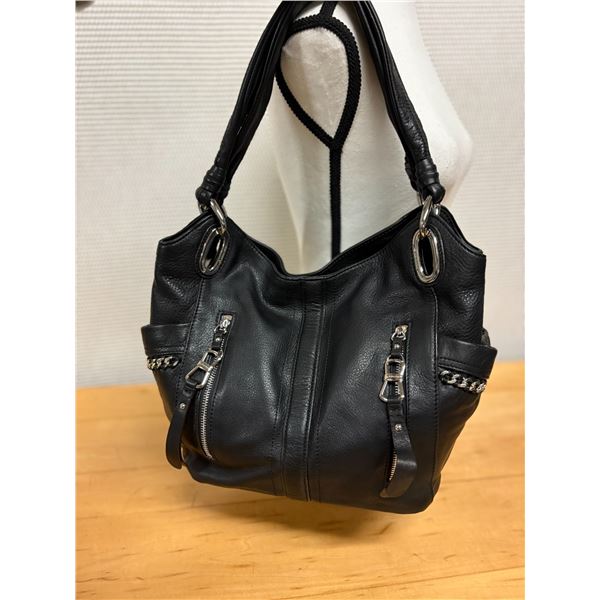 Shoulder Bag w/ Multiple Compartments & Pockets, Black Soft All-Natural Leather w/ Gold Accents