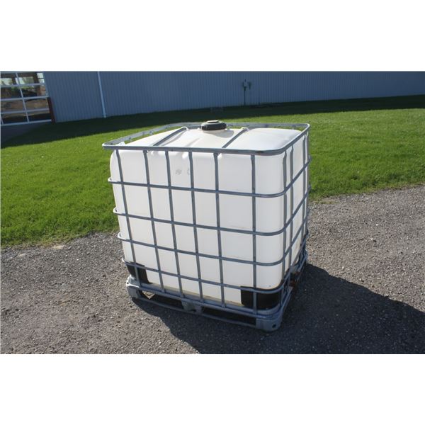 1000 litre plastic tote in steel cage