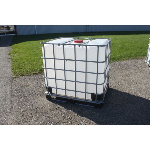 1000 litre plastic tote in steel cage