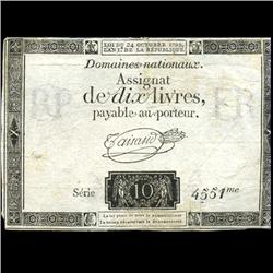1792 France RARE 10 Livres Assignat Currency Hi Grade (CUR-05881)