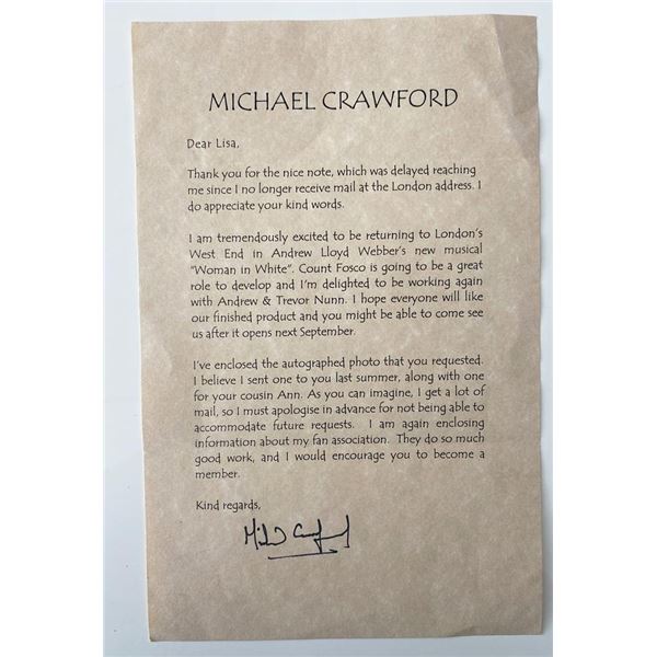 The Phantom of The Opera Michael Crawford signed letter