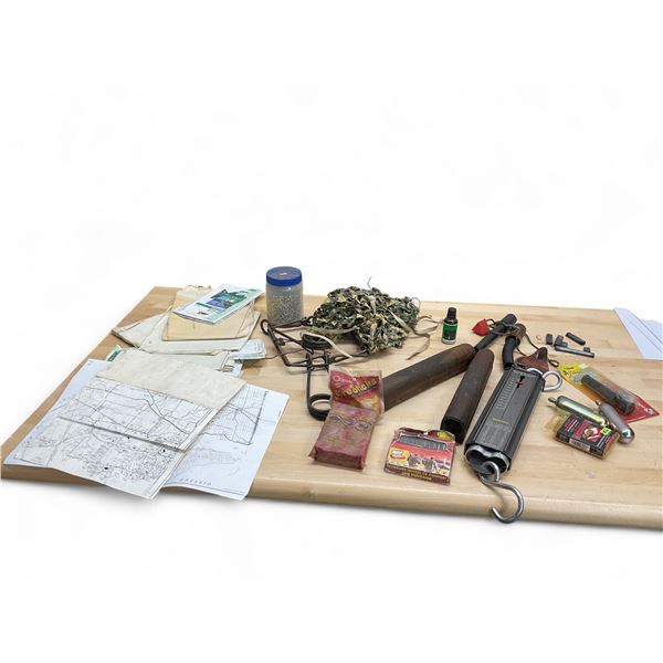 Assorted Items Including Fuel Sticks, Wood Forends (Cracked), Scale, Calls, Pellets and Bag of Maps