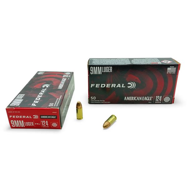 Federal American Eagle 9mm Luger, 124 Grain FMJ Ammunition, 100 Rounds