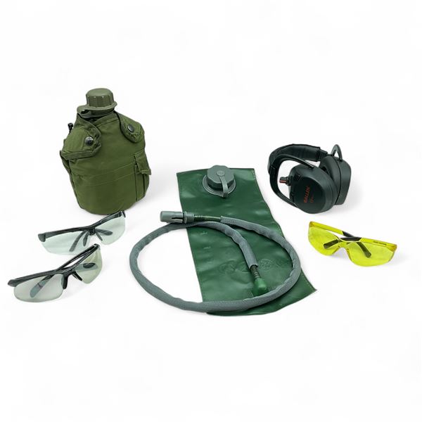 Water Canteen, Allen Electronic Ear Muffs, Shooting Glasses and Water Bladder
