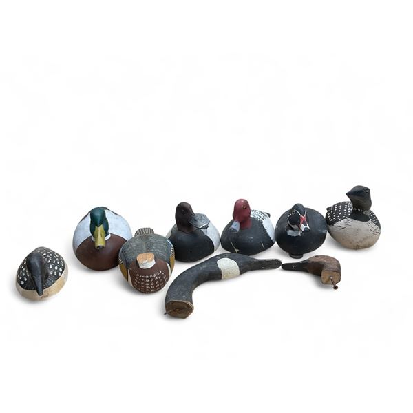 Assorted Carved Wooden Duck and Loon Decoys and Wooden Duck Clock