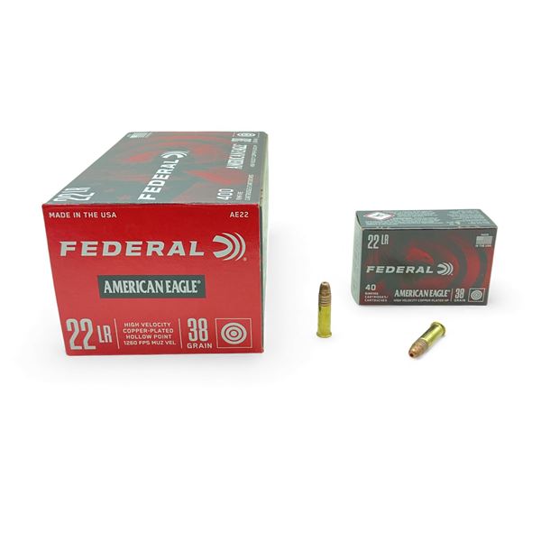 Federal American Eagle .22 LR, 38 Grain High Velocity Copper Plated HP Ammunition, 400 Rounds