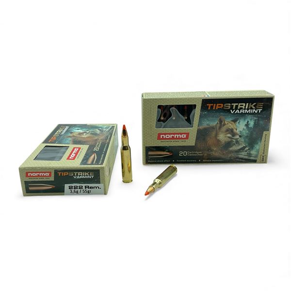 Norma Tip Strike Varmint 222 Rem, 55 Grain Ammunition, 40 Rounds