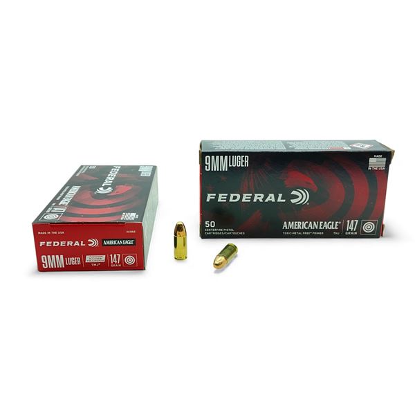 Federal American Eagle 9mm Luger, 147 Grain TMJ Indoor Range Training Ammunition, 100 Rounds