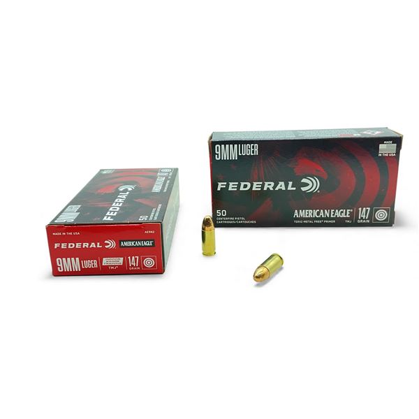 Federal American Eagle 9mm Luger, 147 Grain TMJ Indoor Range Training Ammunition, 100 Rounds