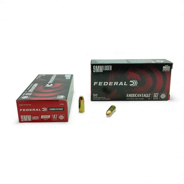 Federal American Eagle 9mm Luger, 147 Grain TMJ Indoor Range Training Ammunition, 100 Rounds