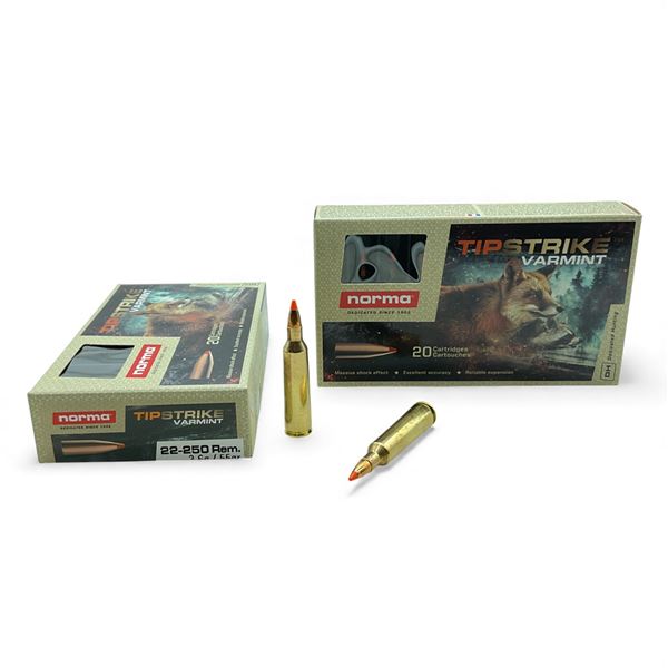 Norma Tip Strike 22-250 Rem, 55 Grain Ammunition, 40 Rounds