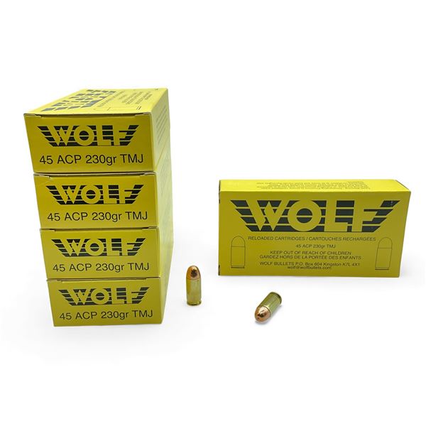 Wolf 45 ACP, 230 Grain TMJ Reloaded Ammunition, 250 Rounds
