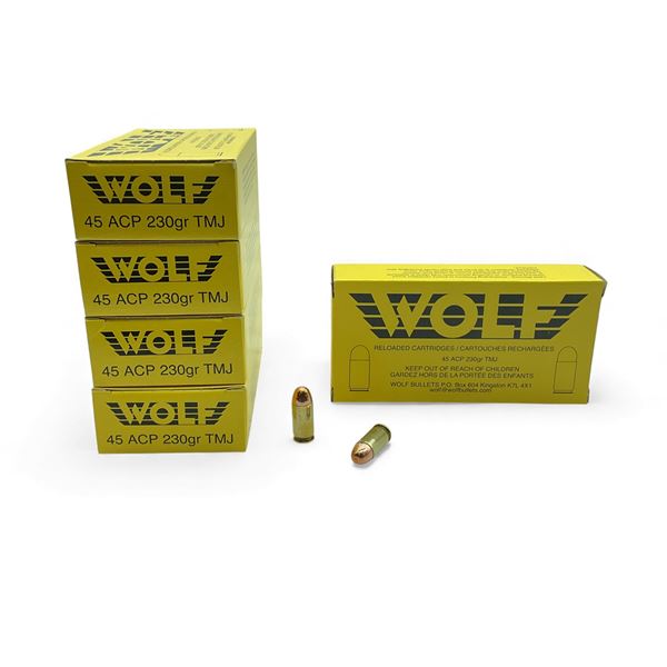 Wolf 45 ACP, 230 Grain TMJ Reloaded Ammunition, 250 Rounds