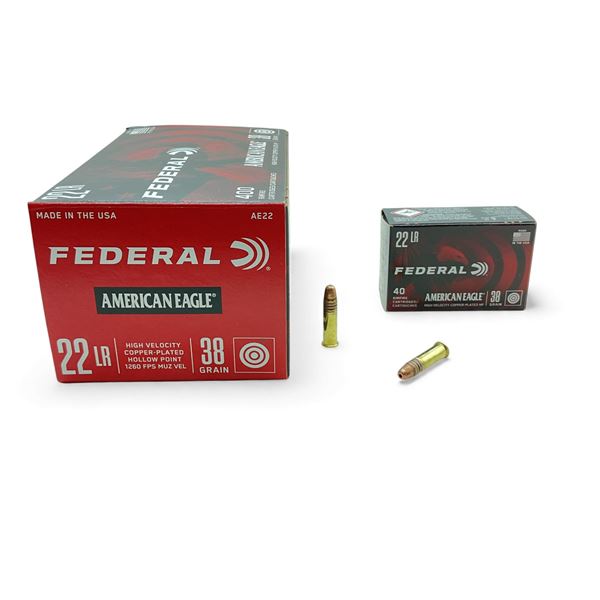 Federal American Eagle .22 LR, 38 Grain High Velocity Copper Plated HP Ammunition, 400 Rounds