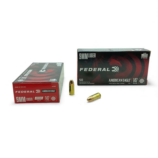 Federal American Eagle 9mm Luger, 147 Grain TMJ Indoor Range Training Ammunition, 100 Rounds
