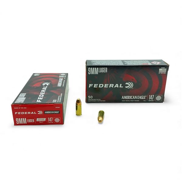 Federal American Eagle 9mm Luger, 147 Grain TMJ Indoor Range Training Ammunition, 100 Rounds