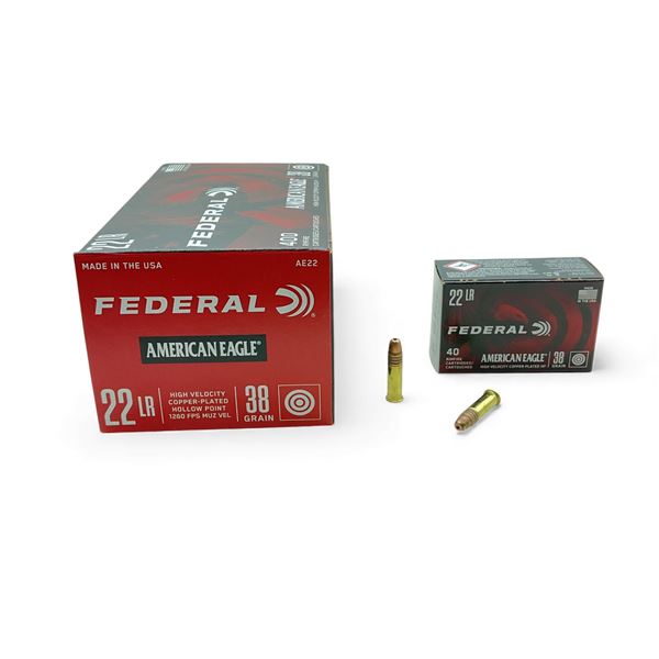 Federal American Eagle .22 LR, 38 Grain High Velocity Copper Plated HP Ammunition, 400 Rounds