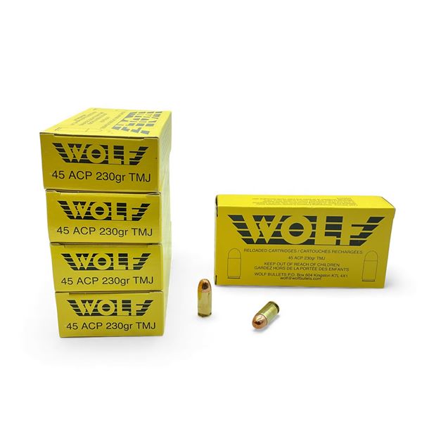 Wolf 45 ACP, 230 Grain TMJ Reloaded Ammunition, 250 Rounds