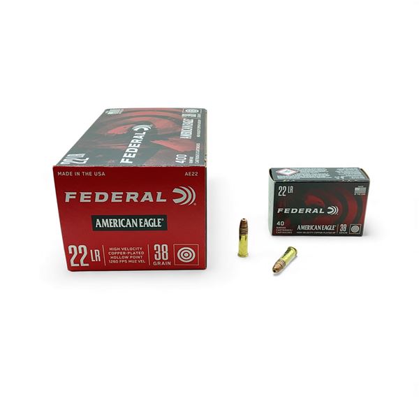 Federal American Eagle .22 LR, 38 Grain High Velocity Copper Plated HP Ammunition, 400 Rounds