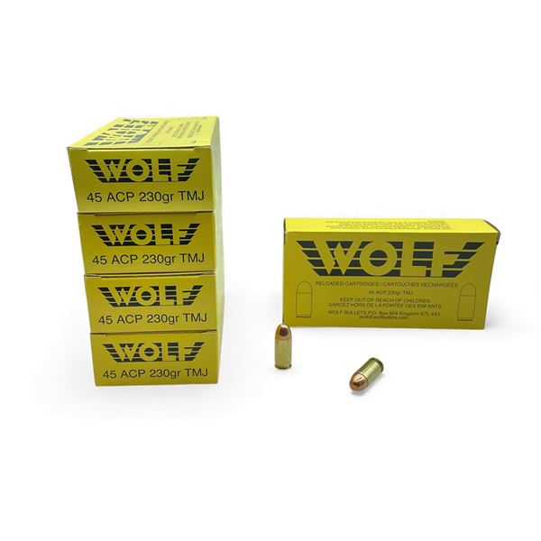 Wolf 45 ACP, 230 Grain TMJ Reloaded Ammunition, 250 Rounds