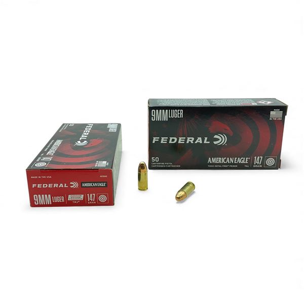 Federal American Eagle 9mm Luger, 147 Grain TMJ Indoor Range Training Ammunition, 100 Rounds
