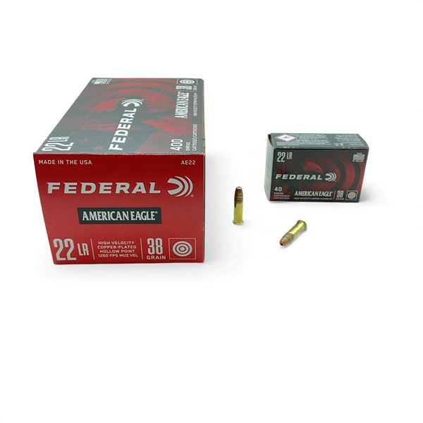 Federal American Eagle .22 LR, 38 Grain High Velocity Copper Plated HP Ammunition, 400 Rounds