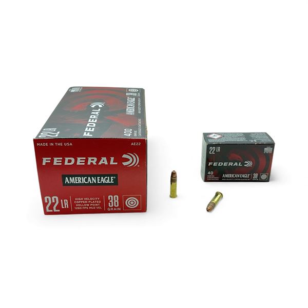 Federal American Eagle .22 LR, 38 Grain High Velocity Copper Plated HP Ammunition, 400 Rounds