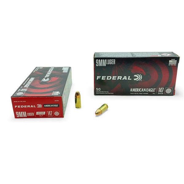 Federal American Eagle 9mm Luger, 147 Grain TMJ Indoor Range Training Ammunition, 100 Rounds