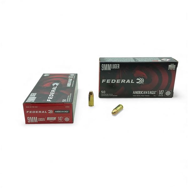 Federal American Eagle 9mm Luger, 147 Grain TMJ Indoor Range Training Ammunition, 100 Rounds