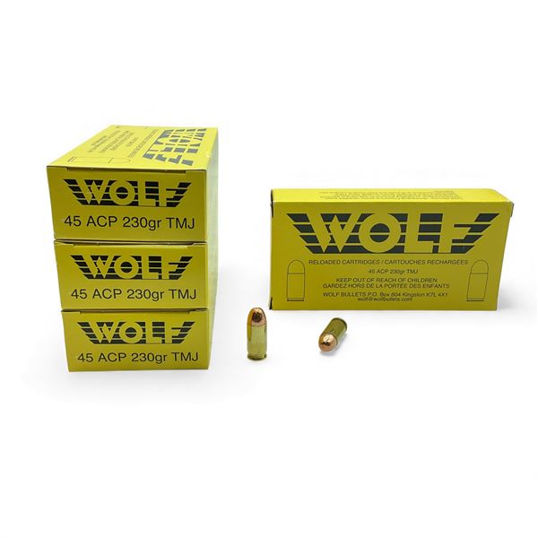 Wolf 45 ACP, 230 Grain TMJ Reloaded Ammunition, 200 Rounds