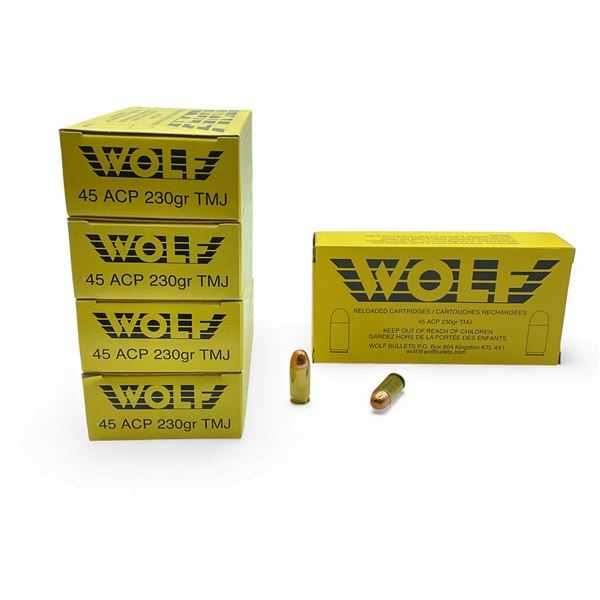 Wolf 45 ACP, 230 Grain TMJ Reloaded Ammunition, 250 Rounds