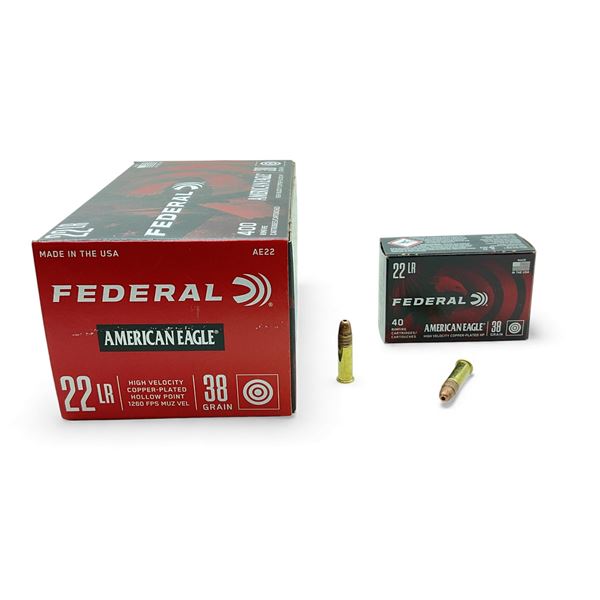 Federal American Eagle .22 LR, 38 Grain High Velocity Copper Plated HP Ammunition, 400 Rounds