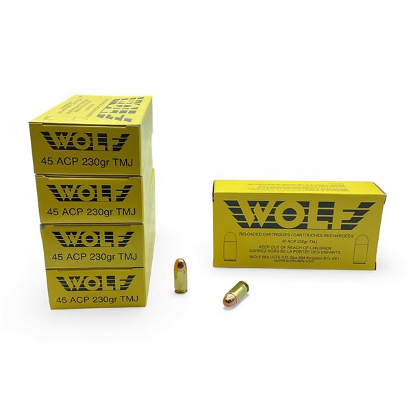 Wolf 45 ACP, 230 Grain TMJ Reloaded Ammunition, 250 Rounds