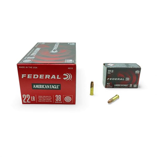Federal American Eagle .22 LR, 38 Grain High Velocity Copper Plated HP Ammunition, 400 Rounds