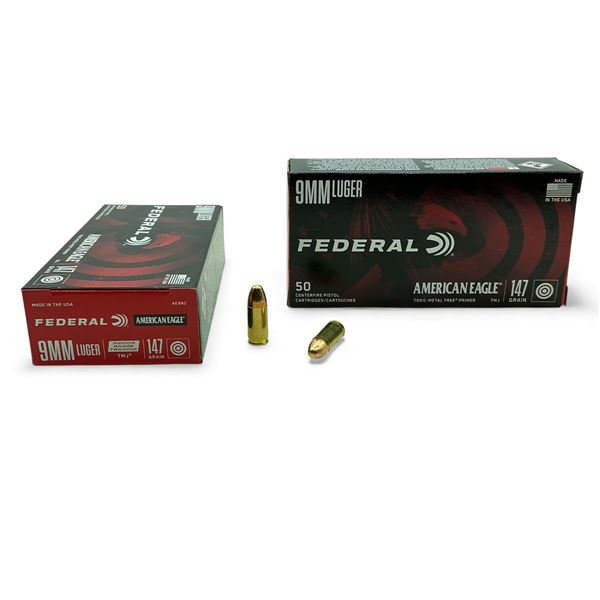 Federal American Eagle 9mm Luger, 147 Grain TMJ Indoor Range Training Ammunition, 100 Rounds