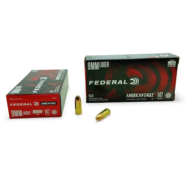 Federal American Eagle 9mm Luger, 147 Grain TMJ Indoor Range Training Ammunition, 100 Rounds