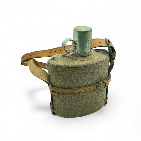 Vintage Military Metal Canteen with Cover and Leather Straps