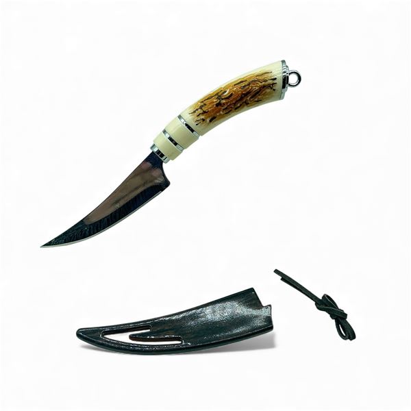 Fixed 3.75" Blade Knife with Etched Blade Pattern, Plastic Handle and Sheath