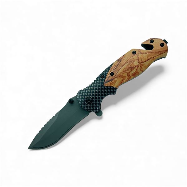 Folding 3.5" Blade Pocket Knife with Belt Cutter, Glass Breaker Handle, Belt Clip