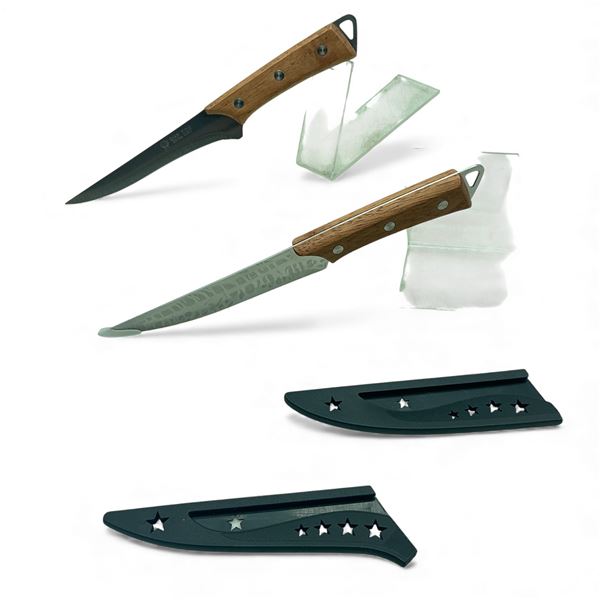 Qian Ying 40CR13 Fixed 5.5" and 5" Kitchen Knives, Wood Handle, Plastic Sheath, New