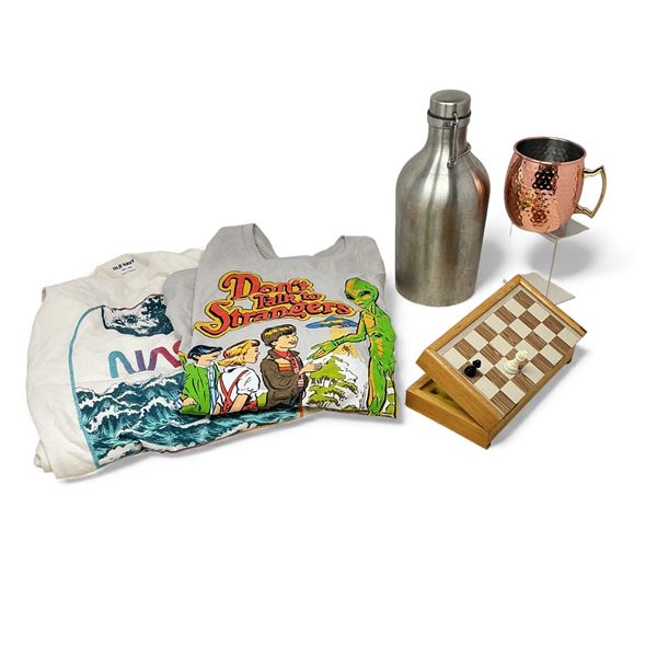 Assorted T-Shirts, Mini Chess Board, Moscow Mule Mug, Water Reservoir, Vancouver 2010 Olympics Pin