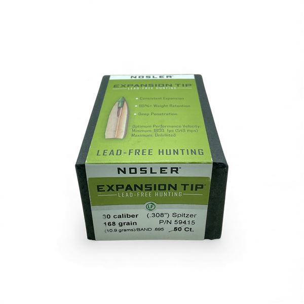 Nosler Expansion Tip 30 Cal (.308"), 168 Grain Spitzer Lead-Free Projectiles, 50 Qty